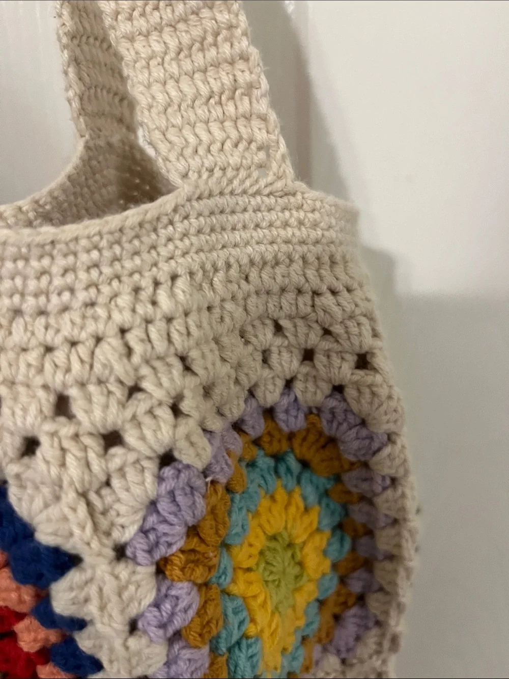 Cream Crochet Patchwork Tote Bag with Multicolor Squares